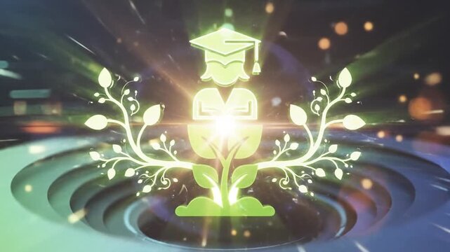 Educational growth concept glowing graduating student icon with plants