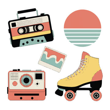 Retro 1980s style collection of vintage objects including a cassette player camera roller skates a retro sunset graphic illustration with instant phot