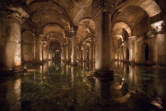 Enigmatic Subterranean Hallway with Ancient Columns