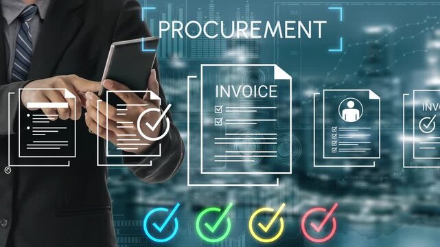 Business Professional Managing Procurement Process with Digital Invoice and Checklist in Modern Office Environment Using Mobile Device Gluon.