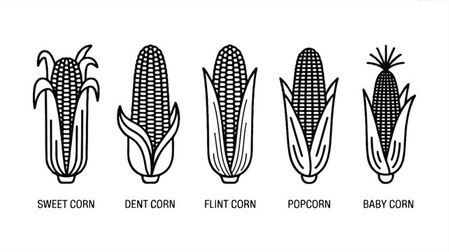 Collection of five line art illustrations of corn varieties with sweet corn dent corn flint corn baby corn black and white illustration