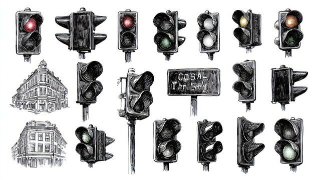 Hand-drawn sketch of traffic lights and a building