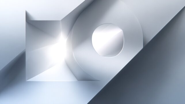 Abstract art with geometric shapes cube, round, and angled forms. Monochromatic color scheme