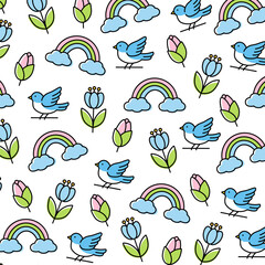 Obraz premium Seamless Spring Pattern with Cute Blue Birds, Rainbows and Tulips – Kawaii Floral Vector Repeat Background for Kids Fabric, Nursery Wallpaper, Wrapping Paper, Textile Design and Greeting Cards.
