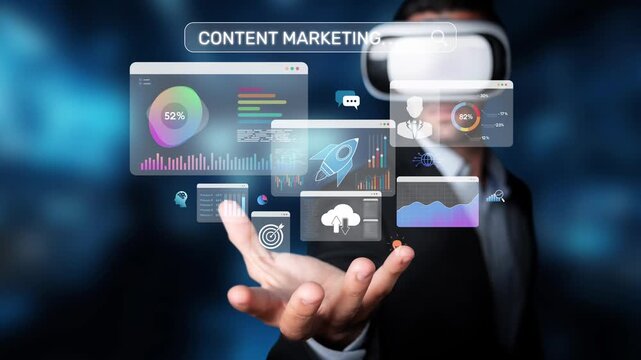 Explore the intersection of virtual reality and content marketing as data visualization transforms marketing strategies. Innovative user interface elements enhance engagement. Raster