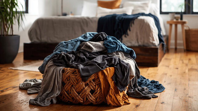 Scattered laundry on bedroom floor. Pile of laundry in a cozy bedroom with wooden floor and bed  