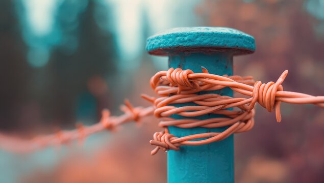 Close-up of a teal metal post wrapped in orange barbed wire