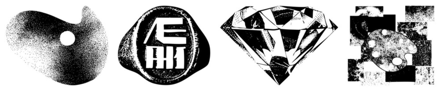 Stylized gemstone and symbolic shapes rendered in halftone, abstract, vector graphics for design use.