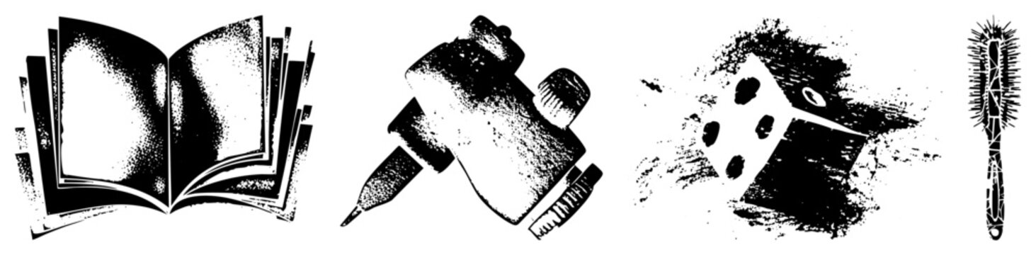 Grunge style collection including open book, tattoo machine, rolling die, and hairbrush also known as stippled graphics or dot matrix illustrations for retro design.