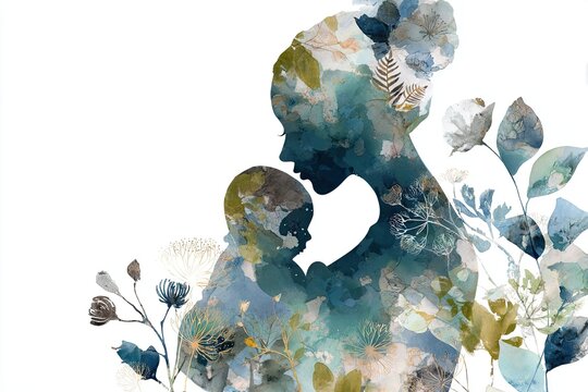 Mother's Day concept  Abstract watercolor silhouette of a mother and baby formed by delicate floral leaves. Gentle motherhood illustration on white background.