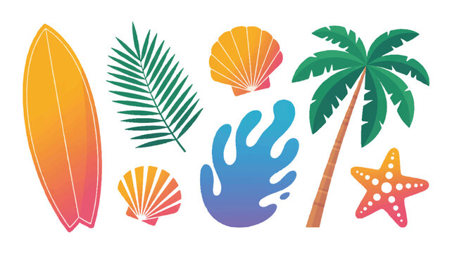 Summer beach and ocean icons set with surfboard palm tree seashells starfish coral gradient vector art palm leaf conch shell scallop shell