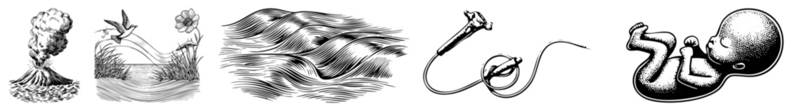 Halftone style graphic set depicting volcanic eruption, hummingbird pollination, ocean waves, endoscope tool, and fetal development also known as stipple art or dot matrix visuals.