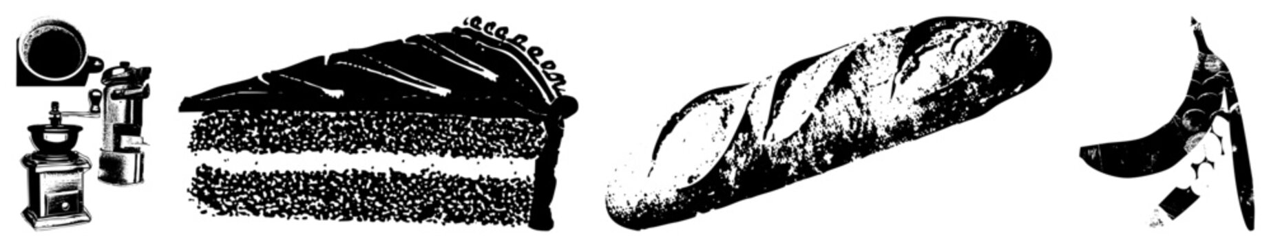 Black and white vector illustrations of caf&eacute; staples espresso grinder, layered dessert, French bread loaf, peeled fruit. Ideal for menus, apps, or print design.