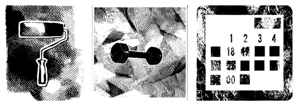 Stylized halftone graphics depicting painting tool, weightlifting equipment, and date planner also known as stipple or screen printed symbols for design templates.