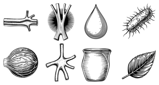 Botanical & microbiological vector microorganism, foliage, beaker, droplet, dendritic structure, cell section, nut. Great for educational/scientific design.