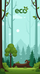 Fototapeta premium A serene forest landscape with tall trees, lush greenery, and a distant sun, evoking a sense of nature's tranquility and ecological balance.