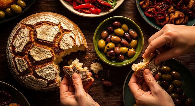 Hands breaking bread with olives.
