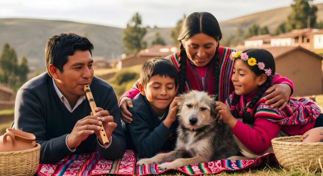 Indigenous andean family playing music with dog outdoors