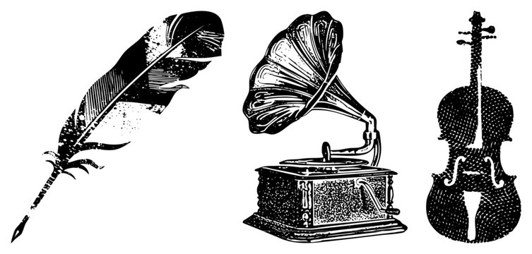 Antique writing tool, phonograph player, stringed musical instrument rendered as vector graphics with textured halftone detailing ideal for retro design or historical themes.
