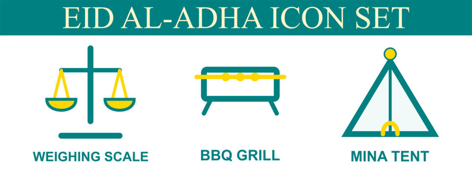 Eid al adha icon set scales bbq grill and mina tent illustrations