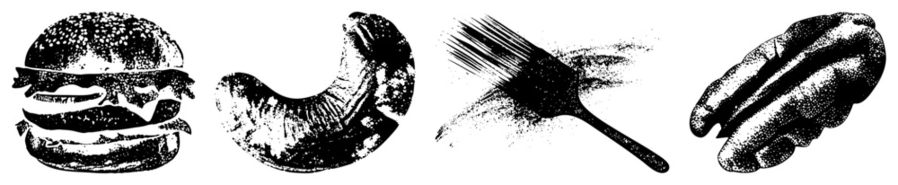 Stylized food illustrations using halftone dot technique includes hamburger, pastry, kitchen whisk, and pecan kernel ideal for retro menus or packaging design.