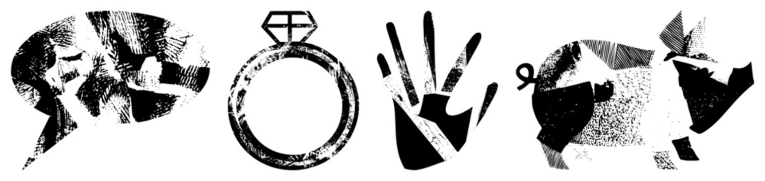 glyph style featuring a textured brain, diamond ring, open palm, and deconstructed form also called cutout symbols, stencil graphics, or halftone emblems.