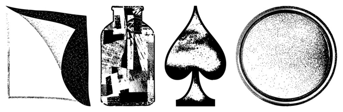 Stylized halftone graphics including abstract form, container silhouette, playing card suit, and round border also called dot matrix art, screen print design.