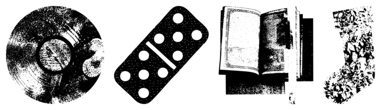 Stylized halftone illustrations featuring music disc, gaming tile, reading material, and festive retro dot matrix graphics ideal for print or digital design.