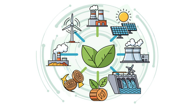Illustration of various renewable and non-renewable energy sources interconnected with a central green leaf symbol representing sustainability and environmental balance.