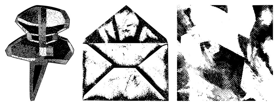 Graphic symbols rendered in halftone dot style paper fastener, mail envelope, and fragmented abstract shape ideal for retro print design or vintage UI elements.