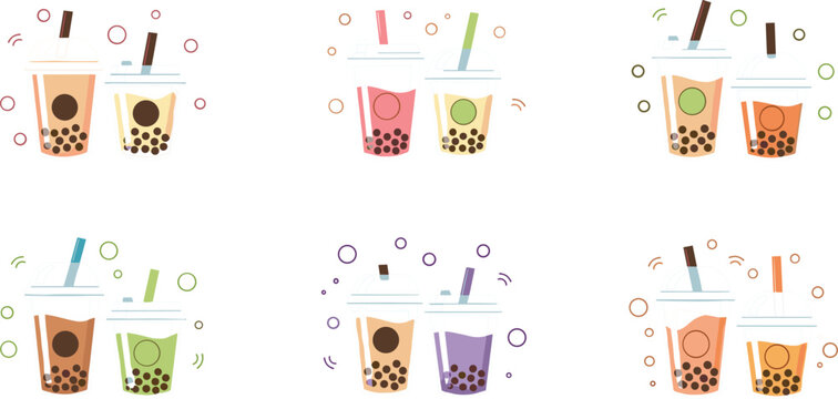 Colorful bubble tea illustration set featuring assorted boba drinks with tapioca pearls in takeaway cups in modern flat design style
