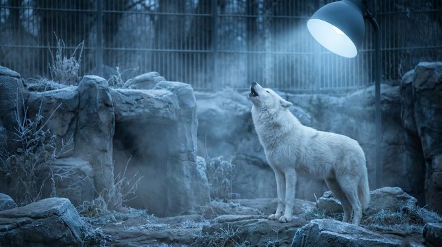 A white arctic wolf howls under a spotlight in a rocky enclosure at night.