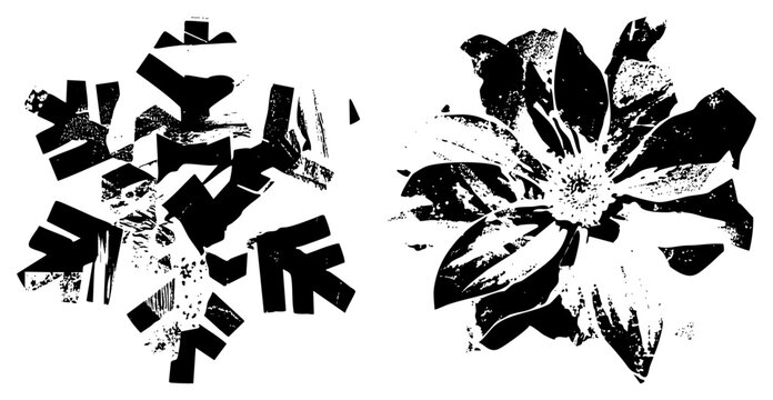 Rugged winter snow crystal and abstract bloom symbol, distressed halftone vector art, weathered stamp effect, graphic design element, cutout.