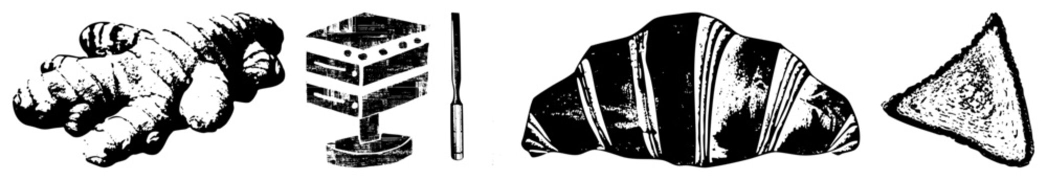 set rhizome, data unit, pastry, toast great for culinary/tech designs. root veg, server rack, flaky pastry, grilled bread.