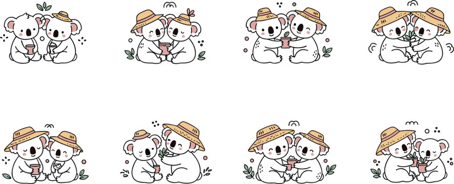 Cute koala couple illustration set featuring adorable animals hugging sharing love and wearing straw hats in romantic cartoon style