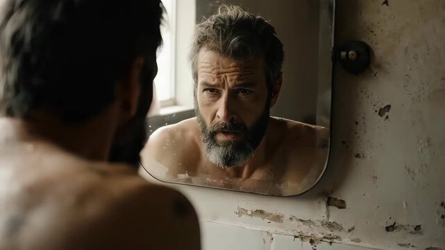 Man Looking at Mirror Sadness Real Life Depression Over Shoulder Slow Motion Emotion
