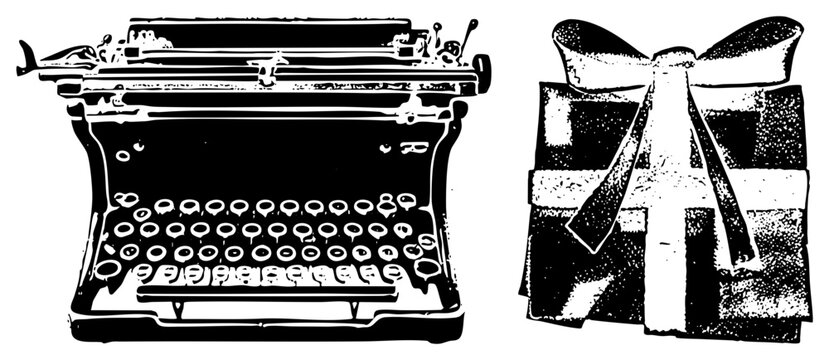 Classic mechanical typewriter paired with wrapped present, retro writing machine, halftone illustration, print style, nostalgic office gear, gift wrap.