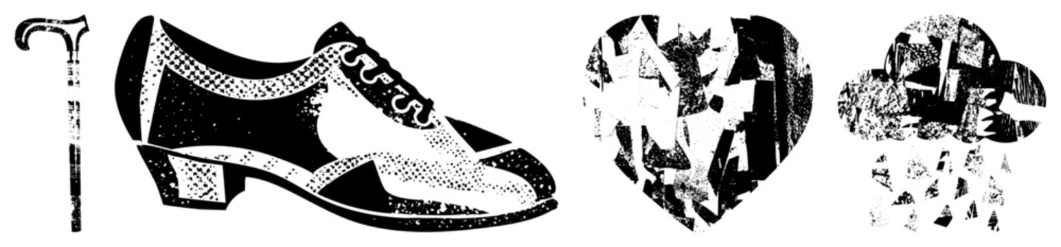 Retro shoe, classic style footwear, halftone vector illustration, abstract heart symbol, stylized rain cloud motif. Isolated cutout with RGBA transparency.