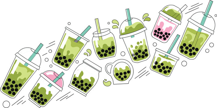 Bubble tea illustration set featuring matcha boba drinks with tapioca pearls in takeaway cups with straws in modern cartoon style