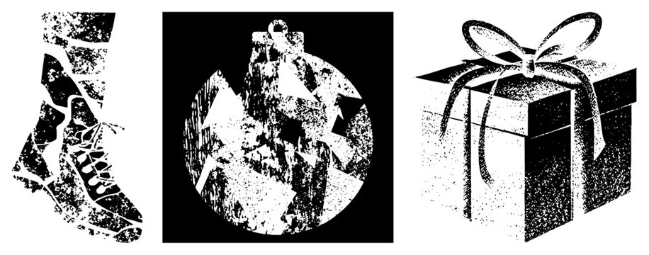 Festive graphic trio featuring sneaker, Christmas bauble, present box rendered in halftone dot style holiday symbols, seasonal, grunge design elements.