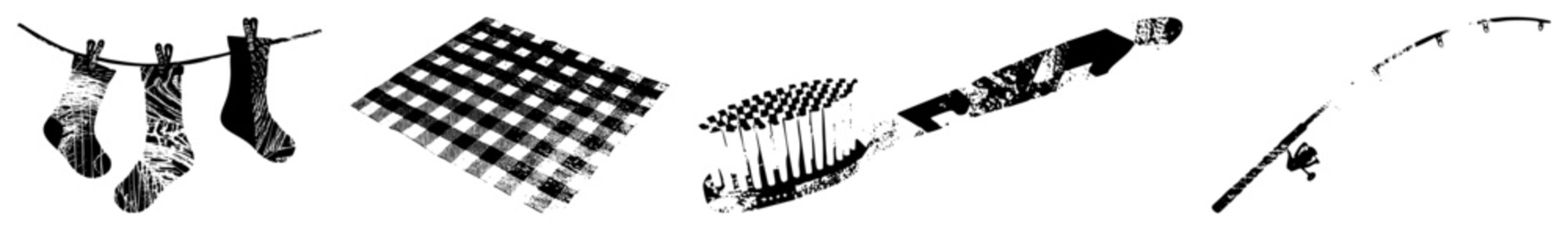 glyph style cutouts of household/leisure items socks, checkered fabric, toothbrush, fishing pole as flat vector silhouettes with halftone texture for graphic design.