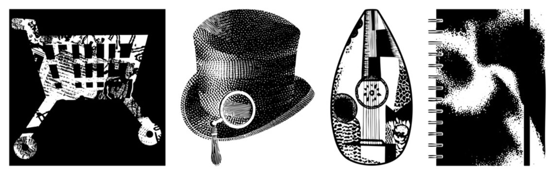 Stippled cart, hat, guitar, notebook retro design, print/digital use. dot matrix, pointillist vectors.