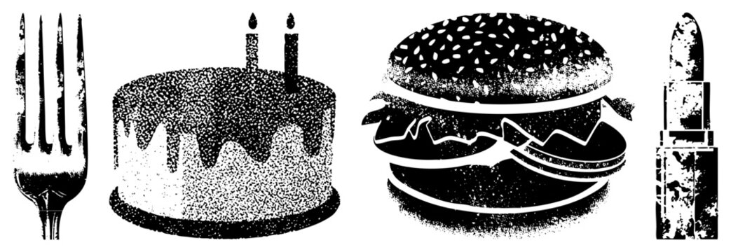 Stylized halftone graphic set featuring cutlery, dessert, fast food, and cosmetic ideal for print, web, or packaging design. Also called stipple or rasterized silhouettes.