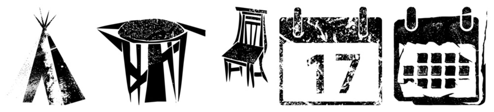 Distressed vector illustrations of camping teepee, garbage bin, wooden chair, and calendar date 17 stencil style glyph with halftone texture. Ideal for indie branding or punk zines.