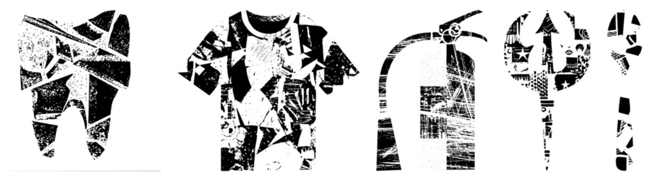 Grunge style glyph depicting dental care, apparel, safety equipment, and human form also called deconstructed symbols, collage vectors, or distressed graphic motifs.