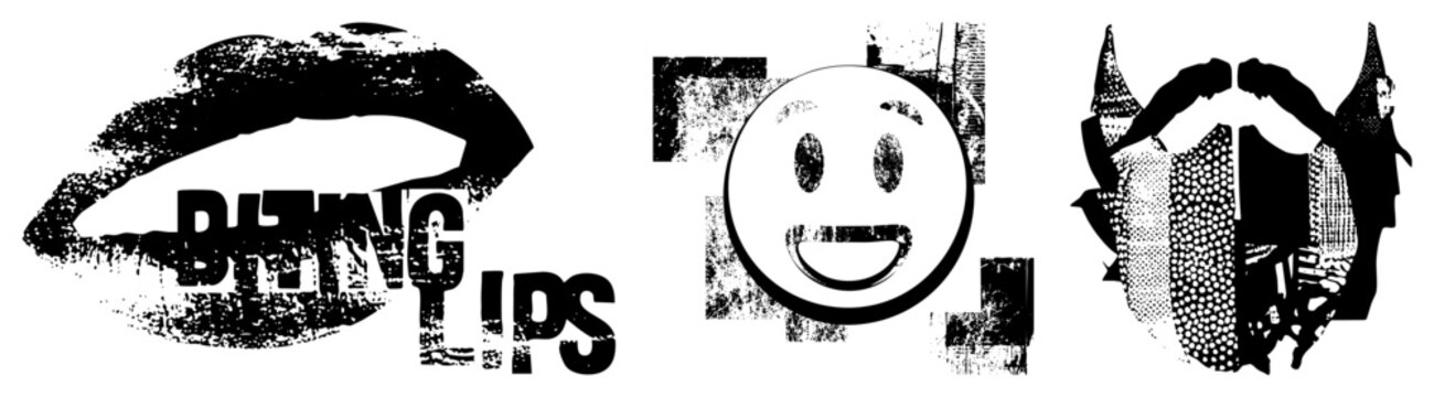 Distressed graphic featuring bold lips, smiling face, and horned devil silhouette ideal for streetwear, punk branding, or tattoo design. Also called punk emblems or edgy decals.