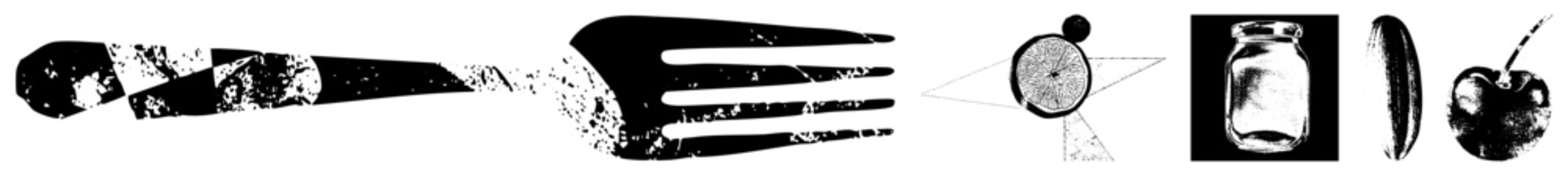 Distressed dining fork silhouette with ink splatter effect, stylized utensil graphic, flat vector cutout for design projects, RGBA transparency support.