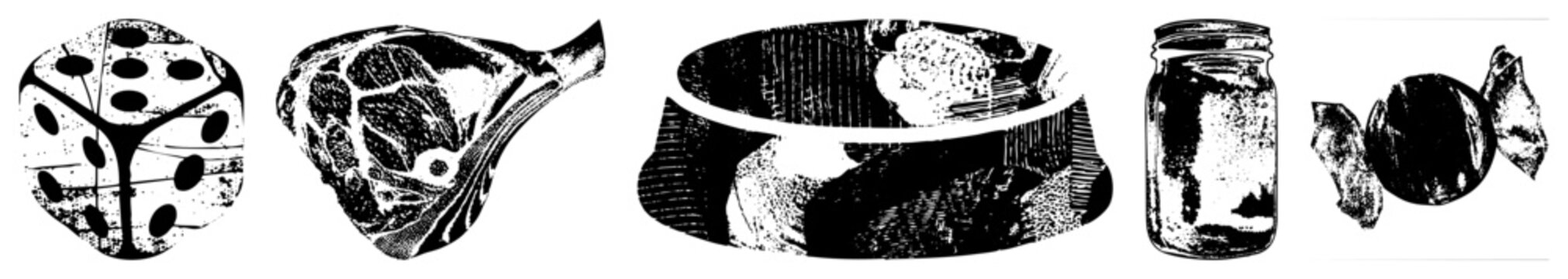 halftone illustrations depicting gaming die, ribeye cut, serving bowl, mason jar, wrapped sweet also called stipple graphics, retro print art, vintage engraving style.