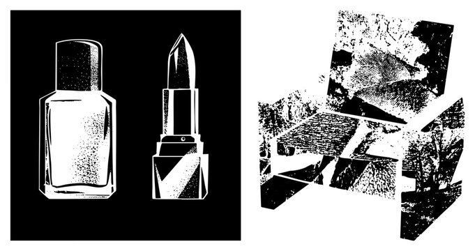 Cosmetic beauty products rendered in halftone style, nail lacquer bottle and lipstick tube, vector illustrations for design, isolated cutout graphics.