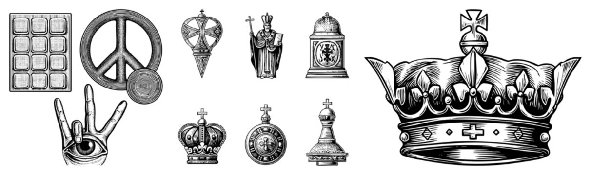 themed emblem set featuring regal crowns, papal mitres, chess king pieces, and esoteric symbols like the all seeing eye, monarchical insignia.